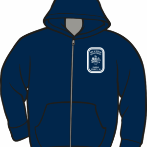 Blue hoodie with embroidered chest logo.