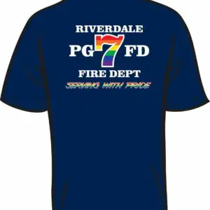 Blue fire department T-shirt with rainbow logo.
