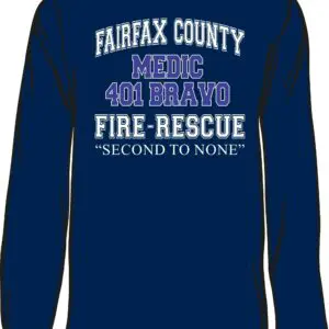 Blue shirt with Fairfax County fire rescue text.