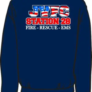 Blue sweatshirt with JVFC Station 28 design.