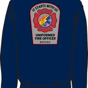 Blue jacket with fire officer emblem.