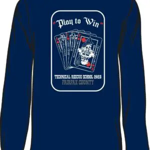 Blue shirt with card design and text.