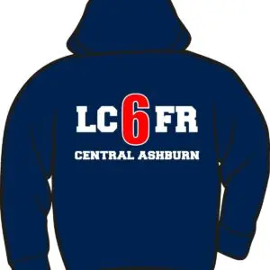 Navy hoodie with LC6FR Central Ashburn.