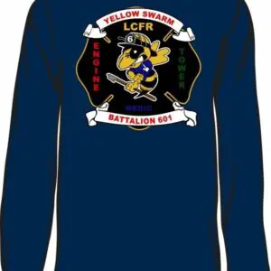 Blue shirt with firefighter-themed cartoon logo.