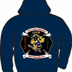 Hoodie with cartoon bee firefighter design.