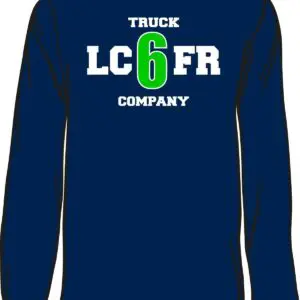 Navy shirt with "LC6FR" text design.