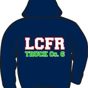 Navy hoodie with LCFR Truck Co. 6.