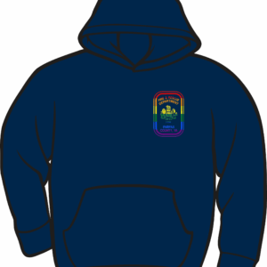 Blue hoodie with colorful front patch design.