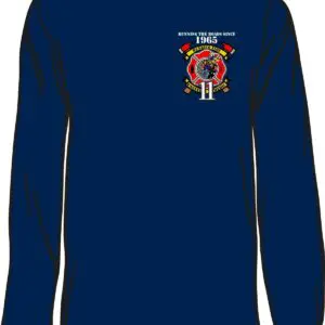 Blue long-sleeve shirt with firefighter emblem.