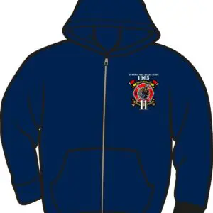 Navy blue hoodie with colorful emblem design.