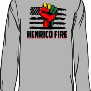 Gray shirt with fist and flag design.