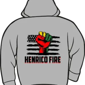 Gray hoodie with colorful fist and flag.