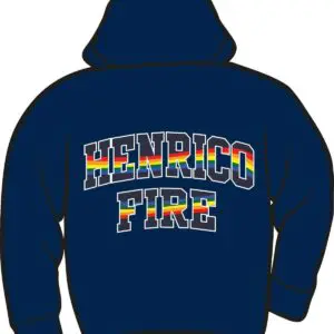 Navy hoodie with "Henrico Fire" rainbow text.