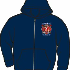 Navy hoodie with firefighter emblem design.