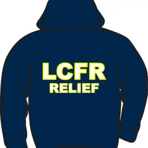 Hoodie with "LCFR Relief" text on back.