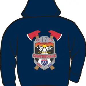 Navy hoodie with fire department emblem.
