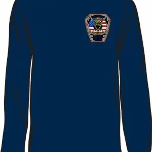 Navy blue shirt with patriotic emblem.