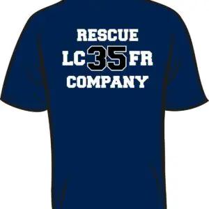 Navy blue shirt with rescue company text.