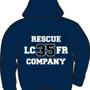 Navy hoodie with "Rescue LC35FR Company".