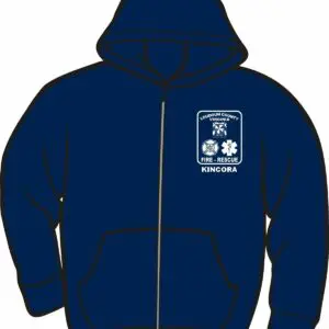 Blue hoodie with fire-rescue emblem design.