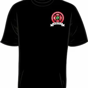 Black T-shirt with a round logo.