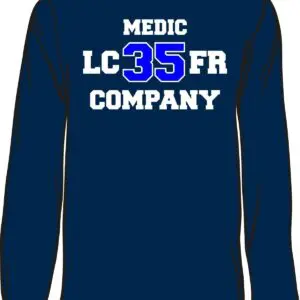 Navy blue shirt with white text design.