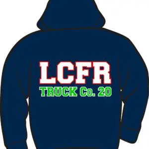 Navy hoodie with LCFR Truck Co. 20.