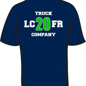 Blue T-shirt with white and green text.