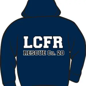 Navy hoodie with "LCFR Rescue Co. 20".