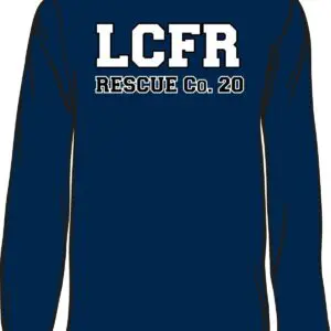 Navy blue shirt with rescue company text.