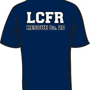 Navy shirt with "LCFR Rescue Co. 20".