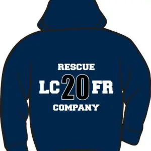 Blue hoodie with "Rescue LC20FR Company" text.