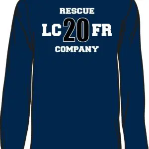 Navy blue long-sleeve shirt with text.