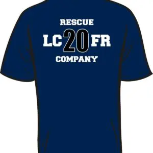 Blue t-shirt with rescue company text.