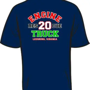 Blue T-shirt with Leesburg fire department text.