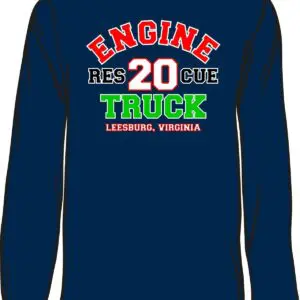 Navy shirt with Leesburg, Virginia rescue text.