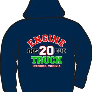 Navy hoodie with rescue truck design.