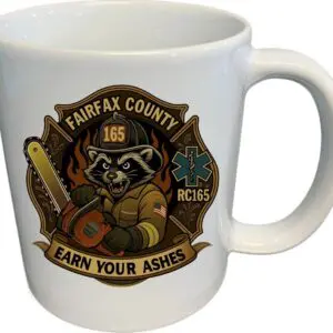 Mug with raccoon firefighter emblem design.