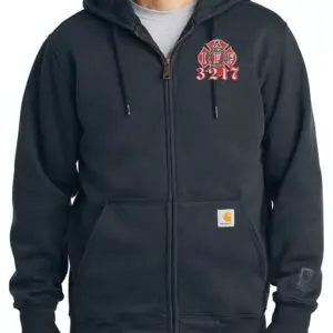 Black zip-up hoodie with a red graphic on the chest and front pockets.