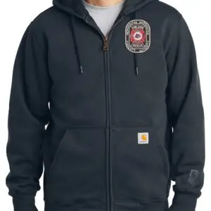 Black zip-up hoodie with badge and Carhartt logo.