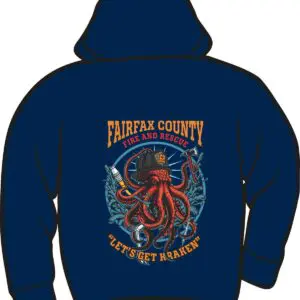 Navy hoodie with colorful octopus and text design.