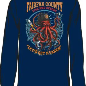 Navy shirt with a colorful Fairfax County octopus graphic and slogan.