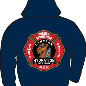 Navy hoodie with camel hydration station logo