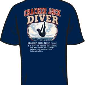 Blue t-shirt with diving silhouette and text
