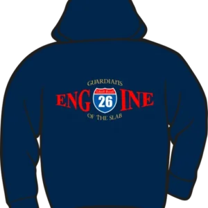 Blue hoodie with "Engine 26" logo.