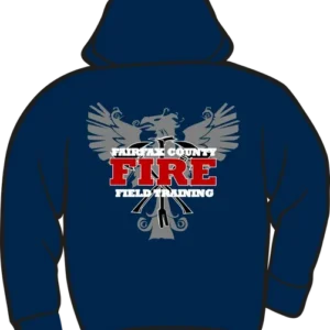 Blue hoodie with fire training emblem.